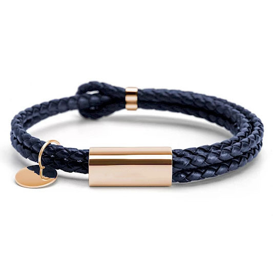 Leather Signal Bracelet in navy braided leather with rose gold barrel clasp